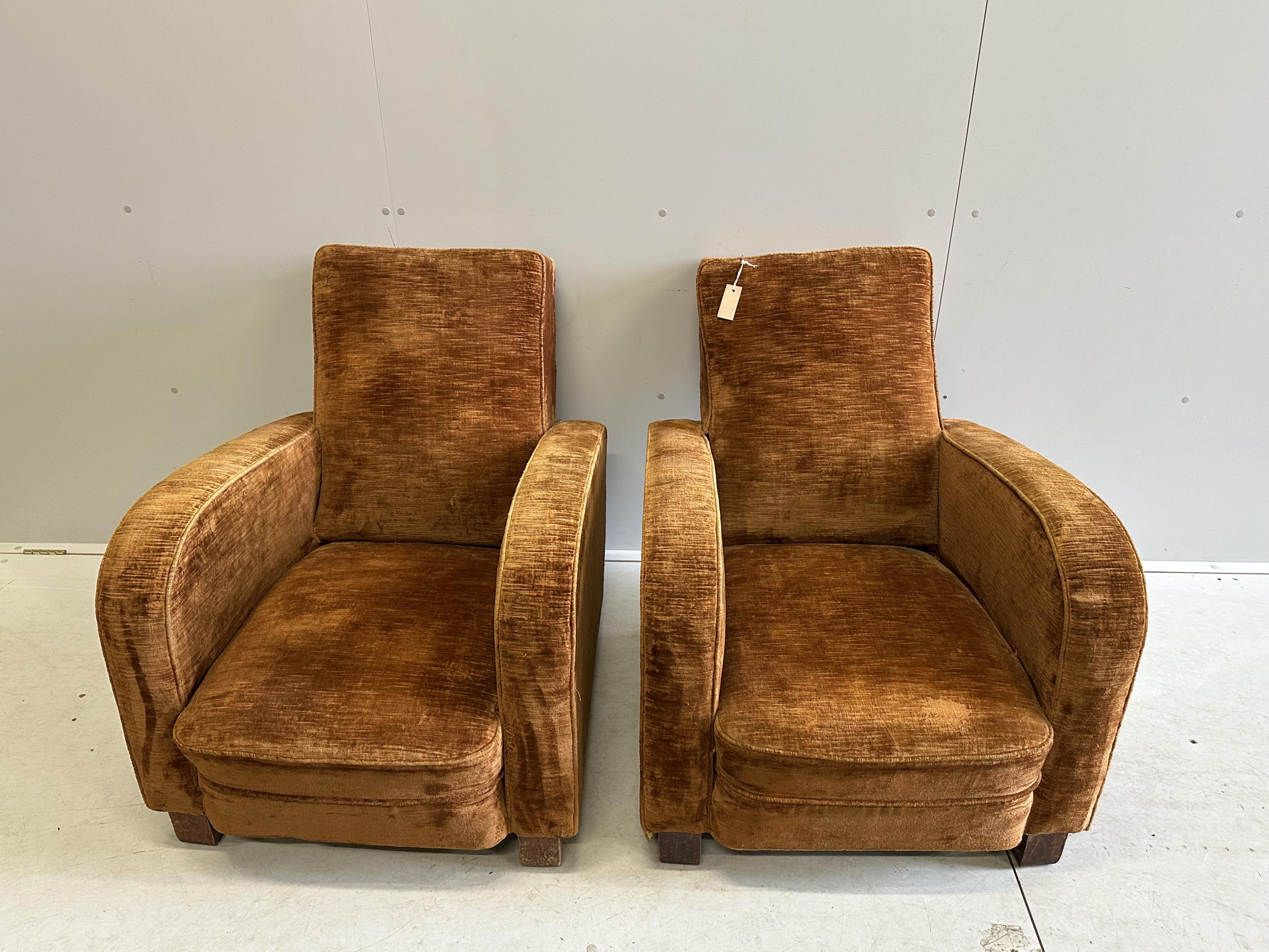 A pair of French Art Deco armchairs, width 74cm, depth 80cm, height 85cm, Condition - fair